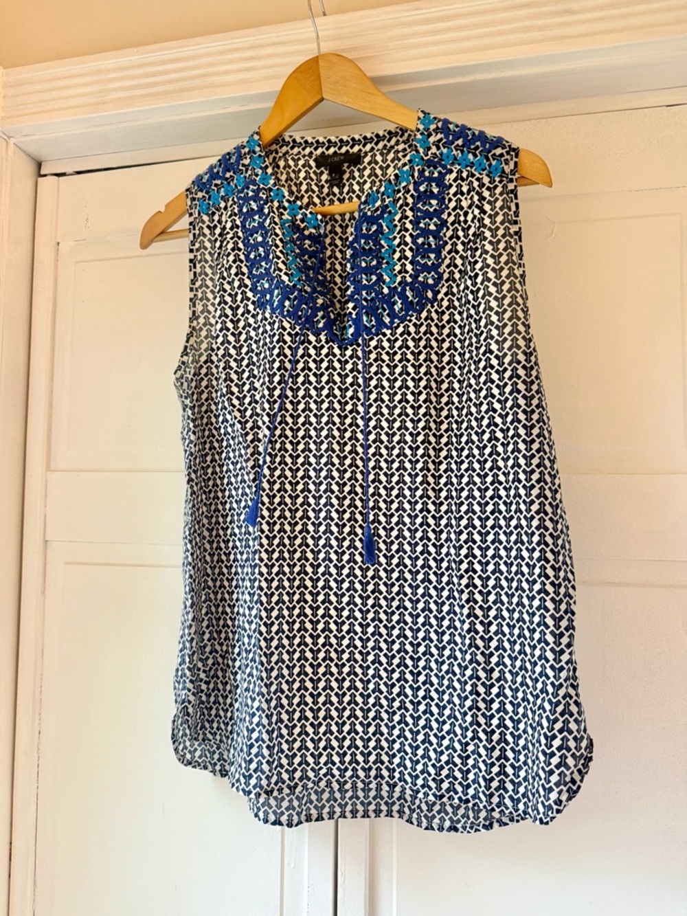 J. Crew Navy & White Sleeveless Printed Camisole with Blue Embroidered Yoke